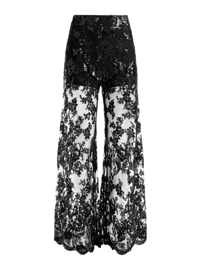 Alice And Olivia Athena Embellished Sheer Lace Wide Leg Pant In Black
