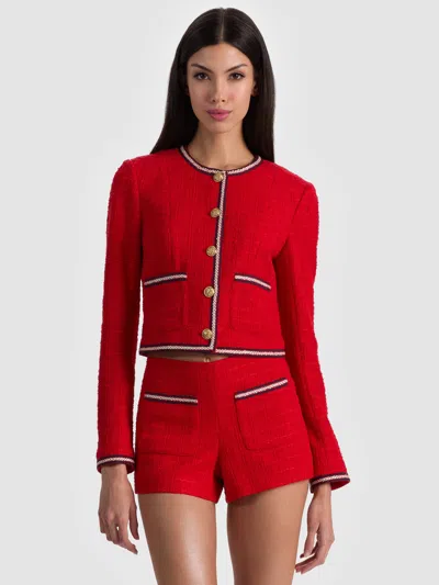 Alice And Olivia Avalon Shrunken Tweed Jacket In Red