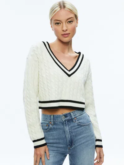 Alice And Olivia Ayden Cropped Cable-knit Wool-blend Sweater In Ecru/black