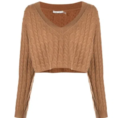 Alice And Olivia Ayden V-neck Cable Knit Pullover Cropped Top Sweater In Brown