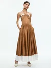 Alice And Olivia Gathered Cotton-blend Halterneck Maxi Dress In Tan/vanilla