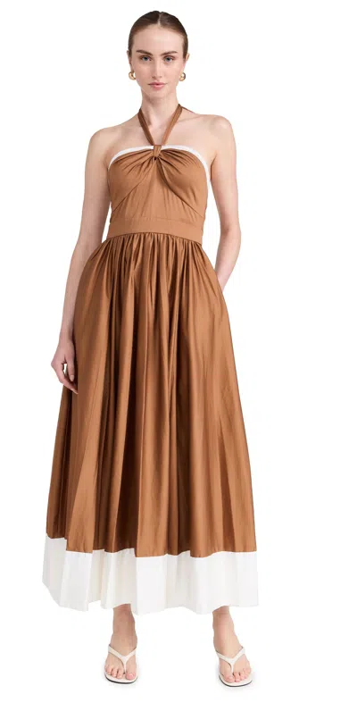 Alice And Olivia Gathered Cotton-blend Halterneck Maxi Dress In Light Brown
