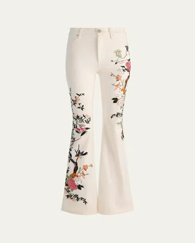 Alice And Olivia Beautiful Floral Embroidered Bell-bottom Jeans In Multi
