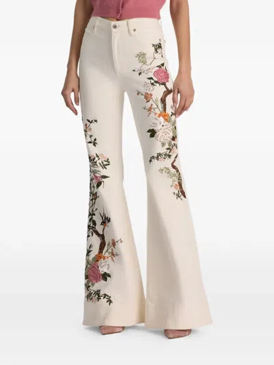 Alice And Olivia Beautiful Floral-embroidered Flared Jeans In White