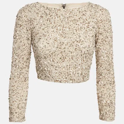 Pre-owned Alice And Olivia Beige Embellished Mesh Zip -up Crop Top S In Sand