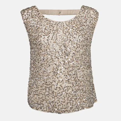 Pre-owned Alice And Olivia Beige Sequin And Beads Embellished Chiffon Sleeveless Top M
