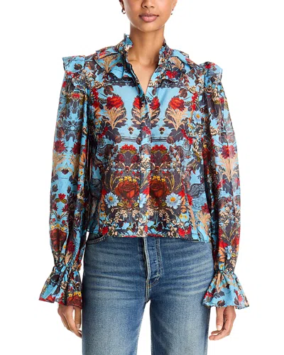 Alice And Olivia Bernice Cotton Victorian Ruffled Blouse In Heartstrings Mineral Blue