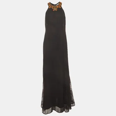 Pre-owned Alice And Olivia Black Embellished Chiffon & Lace Halter Neck Long Dress S