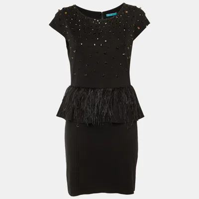 Pre-owned Alice And Olivia Black Embellished Jersey Feather Detail Peplum Mini Dress M