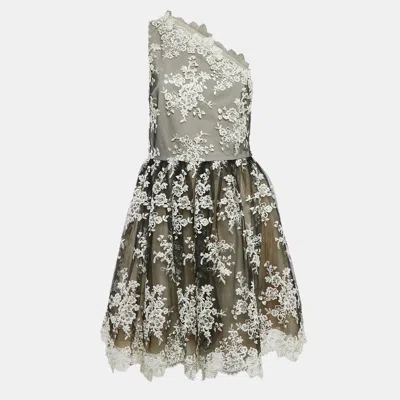 Pre-owned Alice And Olivia Black Embroidered Tulle One-shoulder Mini Morganne Dress M