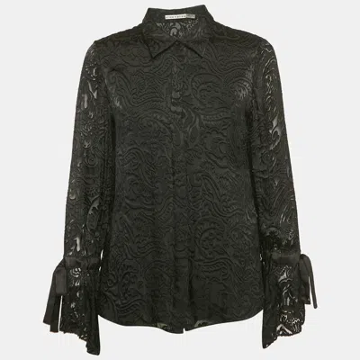 Pre-owned Alice And Olivia Black Fil-coupe Satin Button Front Shirt L