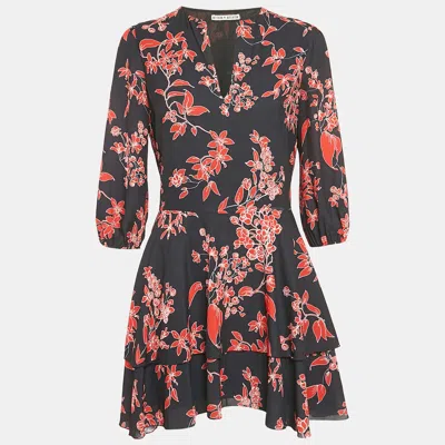Alice And Olivia Black Floral Print Chiffon Short Dress