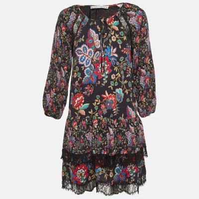 Alice And Olivia Black Floral Print Crepe & Lace Tiered Dress In Multi