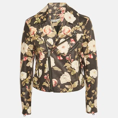 Pre-owned Alice And Olivia Black Floral Print Leather Zip-up Biker Jacket M