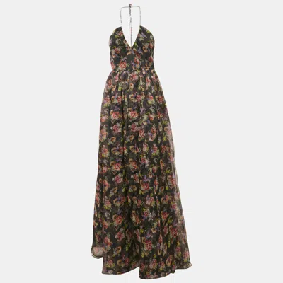 Pre-owned Alice And Olivia Black Floral Print Silk-taffeta Saori Gathered Gown M