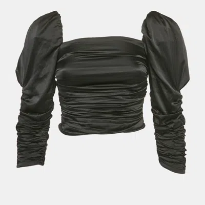 Pre-owned Alice And Olivia Black Silk Satin Ruched Puff Sleeve Katrice Top S