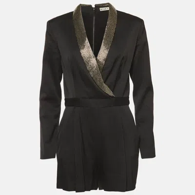 Pre-owned Alice And Olivia Black Stretch Satin Beaded Collar Kyrie Tuxedo Romper M
