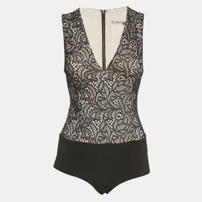 Pre-owned Alice And Olivia Black Zooey Lace V-neck Bodysuit Xs In Yellow