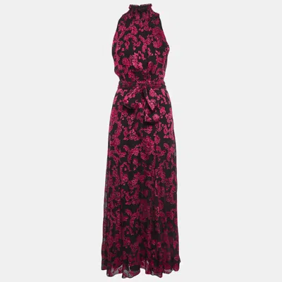 Pre-owned Alice And Olivia Black/pink Floral Filigree Silk Chiffon Smocked Neck Maxi Dress S