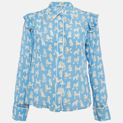 Pre-owned Alice And Olivia Blue Dogs Print Silk Ruffled Sleeve Shirt M