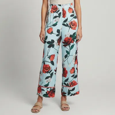 Pre-owned Alice And Olivia Blue Floral Print Satin Wide Leg Elba Pants L