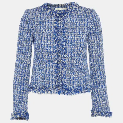 Pre-owned Alice And Olivia Blue Lurex Tweed Frayed Hem Nila Box Jacket M