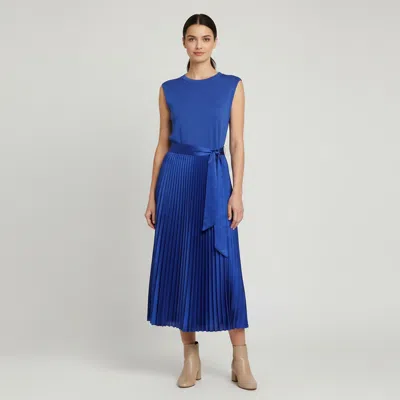 Pre-owned Alice And Olivia Blue Pleated Satin And Jersey Chara Sleeveless Maxi Dress L