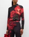 Alice And Olivia Brady Slim Button Down Shirt Peony Petals Bright Ruby In Peony Petals Bright Ruby