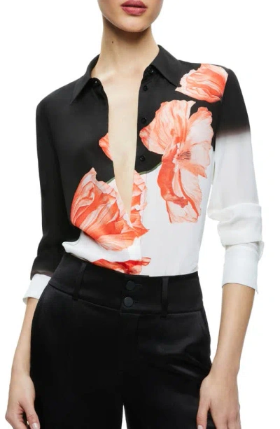 Alice And Olivia Brady Silk Floral Blouse In Dream Life Black