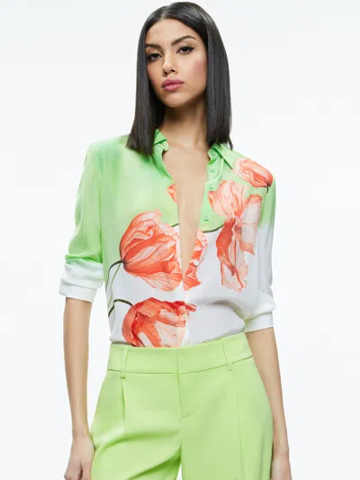 Alice And Olivia Brady Silk Blouse In Green