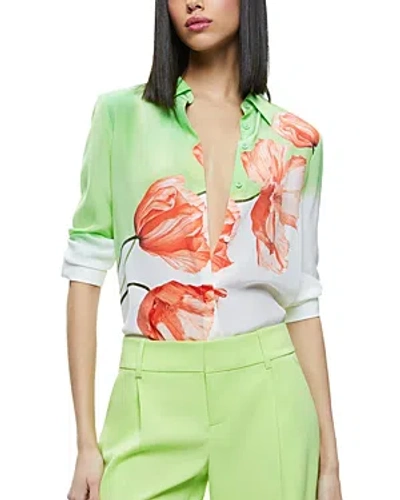 Alice And Olivia Brady Silk Floral Blouse In Dream Life Sharp Green
