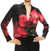 Alice And Olivia Brady Slim Button Down Top In Peony Petals Bright Ruby In Black