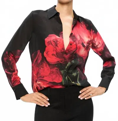 ALICE AND OLIVIA BRADY SLIM BUTTON DOWN TOP IN PEONY PETALS BRIGHT RUBY