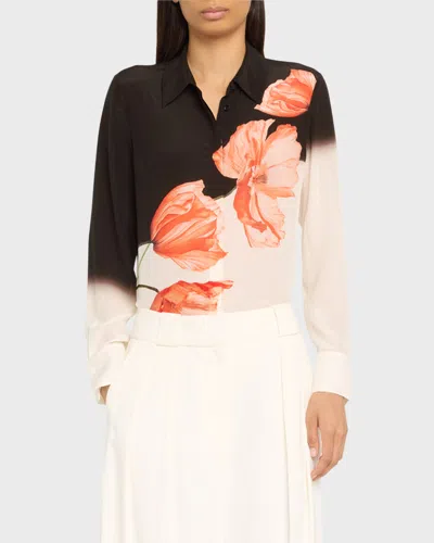 ALICE AND OLIVIA BRADY TWO-TONE FLORAL OVERSIZED BUTTON-FRONT SILK BLOUSE