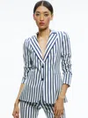Alice And Olivia Breann Long Fitted Two Button Blazer In Admiral Stripe Indigo