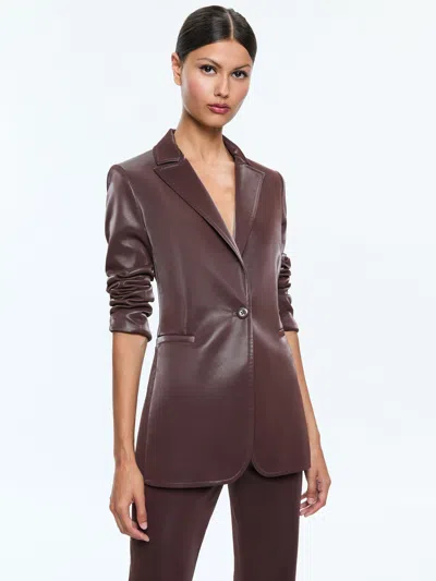 Alice And Olivia Breann Vegan Leather Long Fitted Blazer In Espresso