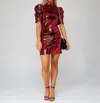 Alice And Olivia Brenna Sequin Fitted Puff Sleeve Dress Red In Bordeaux In Blue