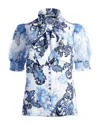 Alice And Olivia Scroll Symphony Brentley Tie-neck Top In Blue Multi