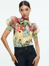 Alice And Olivia Brentley Tie Neck Puff Sleeve Blouse In Oakley