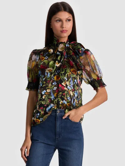Alice And Olivia Brentley Puff Sleeve Blouse In Blue
