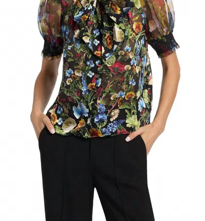 Alice And Olivia Brentley Tie Blouse In Social Hour Black In Multi