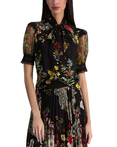 Alice And Olivia Brentley Tie Neck Puff Sleeve Blouse In Black