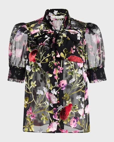 Alice And Olivia Brentley Tie-neck Puff-sleeve Blouse In Multicoloured