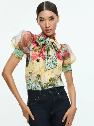 Alice And Olivia Brentley Tie Neck Puff Sleeve Blouse In Multicoloured 1