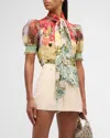 Alice And Olivia Brentley Tie Neck Puff Sleeve Blouse In Oakley