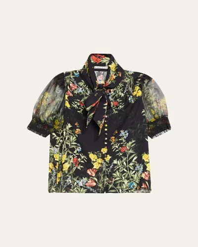 Alice And Olivia Brentley Tie-neck Floral Blouse In Desert Sprigs Black