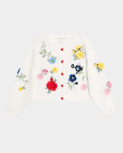 Alice And Olivia Brigid Embroidered Cropped Cardigan In Soft White Multi