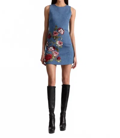 Alice And Olivia Cade Embroidered Sleeveless Denim Mini Shift Dress In Blue