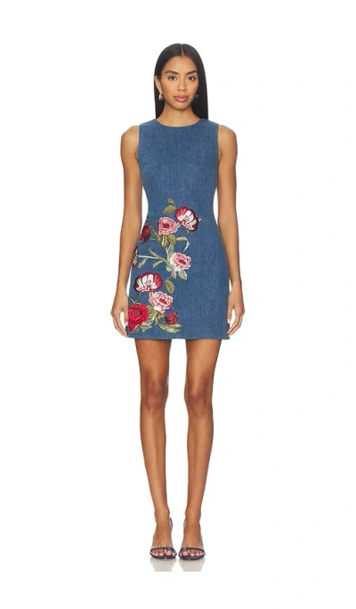 Alice And Olivia Cade Embroidered Sleeveless Denim Mini Shift Dress In Blue