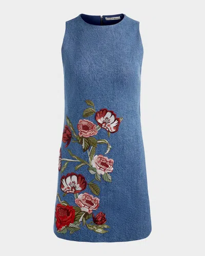 Alice And Olivia Cade Embroidered Sleeveless Denim Mini Shift Dress In Blue